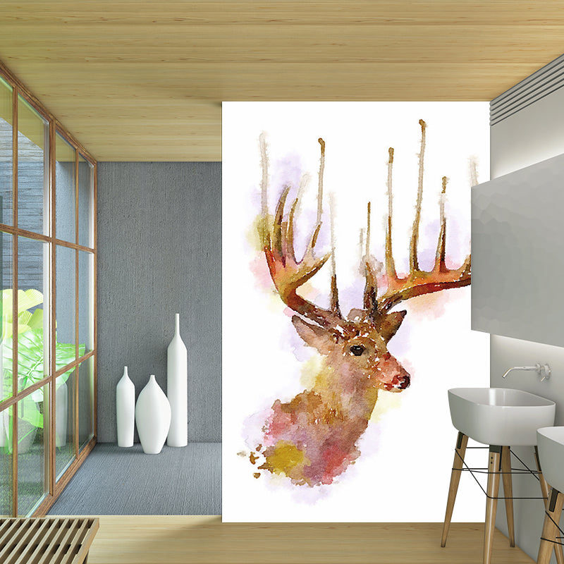 Watercolor Deer Head Mural Wallpaper Art Deco Stain Resistant Bedroom Wall Covering, Custom Made