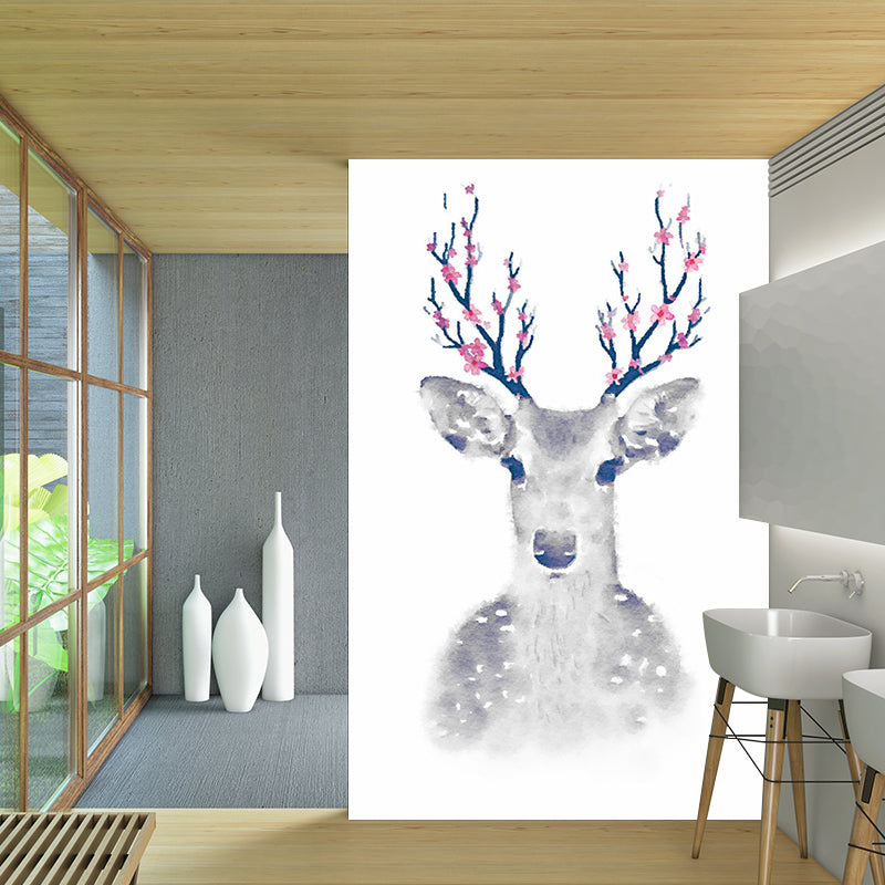 Full-Size Animal Wall Murals for Accent Wall Sika Deer Wall Covering in Grey, Washable