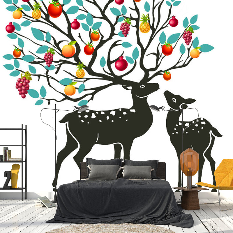 Full Size Decorative Wallpaper Mural Red-Yellow-Blue Sika Deer with Fruit Tree Antler Wall Covering, Custom Print