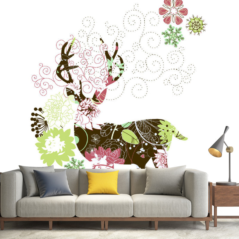 Floral Deer Drawing Murals Art Deco Non-Woven Cloth Wall Covering in Pink and Green