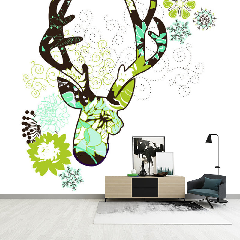 Green Stag Head Wall Mural Decal Aesthetics Waterproof Bedroom Wall Decor, Custom Printed