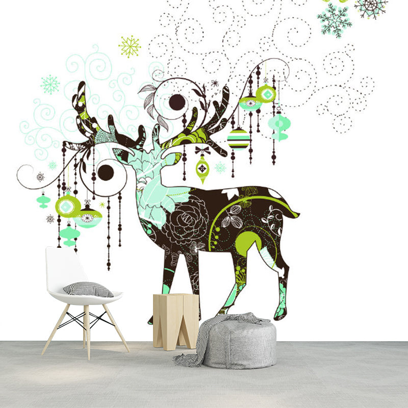 Modern Art Deer Mural Wallpaper for Bedroom Personalized Wall Covering in Grey-Green