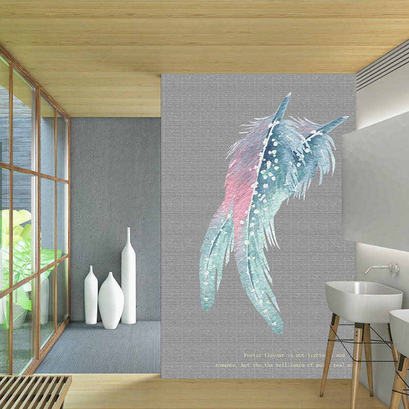 Simple Feather Print Wallpaper Murals for Bedroom Customized Wall Art in Grey-Pink-Green