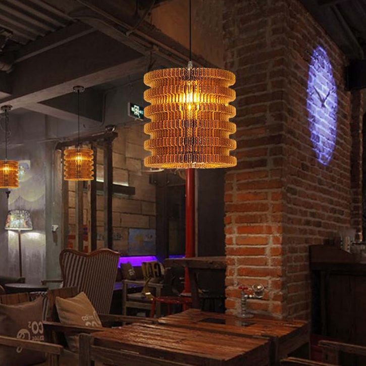 Woven Shade Hanging Lighting Asian Style Corrugated Paper 1 Bulb Restaurant Pendant Lamp in Beige/Brown
