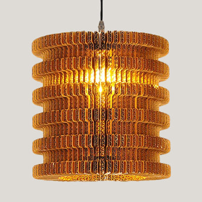Woven Shade Hanging Lighting Asian Style Corrugated Paper 1 Bulb Restaurant Pendant Lamp in Beige/Brown