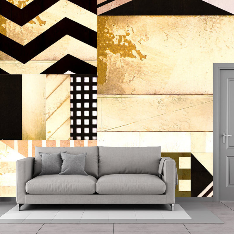 Black-Brown Geometry Wall Murals Stain Resistant Wall Decoration for Living Room