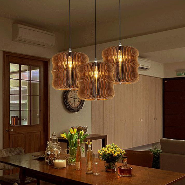 Woven Shade Hanging Lighting Asian Style Corrugated Paper 1 Bulb Restaurant Pendant Lamp in Beige/Brown