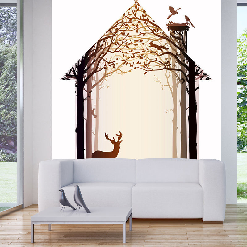 Non-Woven Whole Brown Murals Modern Deer inside the Tree House Wall Decor, Customized Size