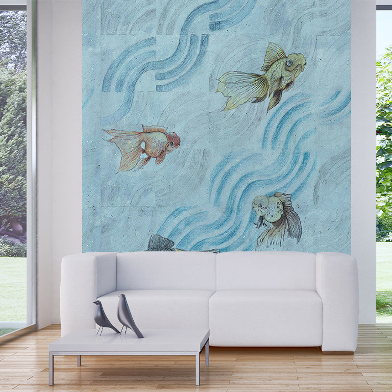 Goldfish in Flowing Steam Murals Grey-Blue Art Deco Wall Covering for Kids Bedroom