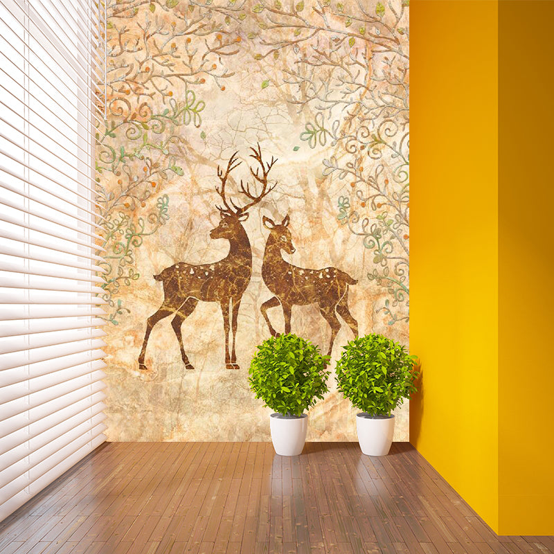 Beige Sika Deers Wall Murals Animal Contemporary Moisture Resistant Wall Decor for Living Room