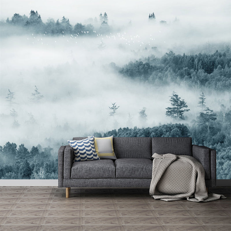 Misty Mountain Overlook Mural Wallpaper Grey and Green Contemporary Wall Decor for Bedroom