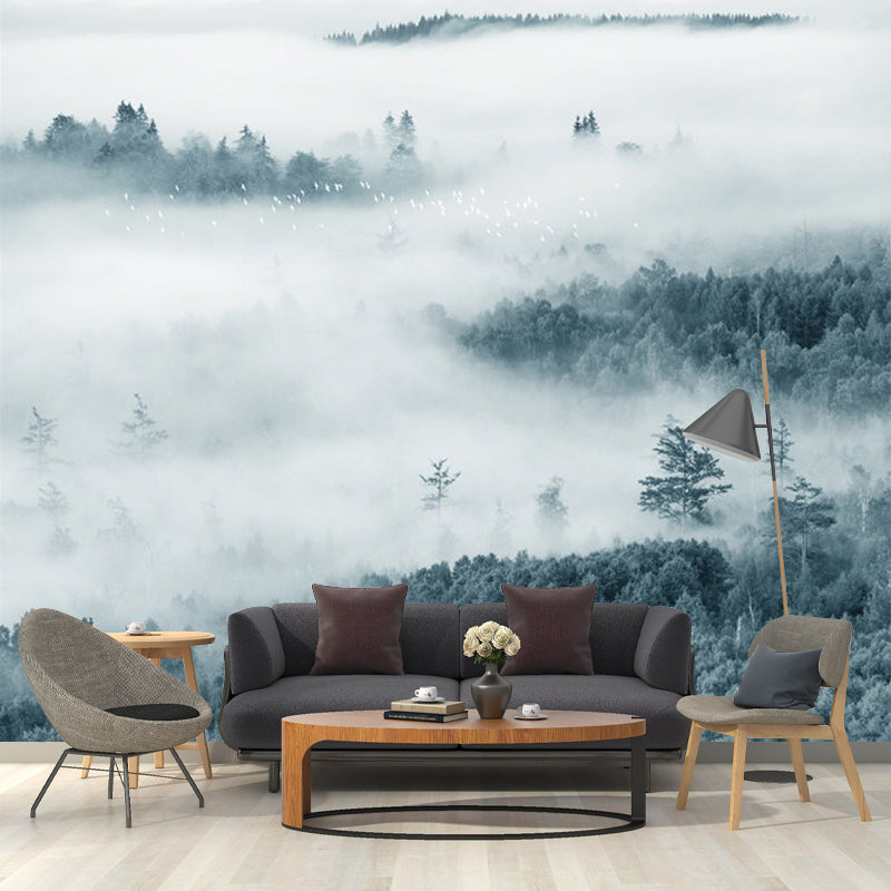 Misty Mountain Overlook Mural Wallpaper Grey and Green Contemporary Wall Decor for Bedroom