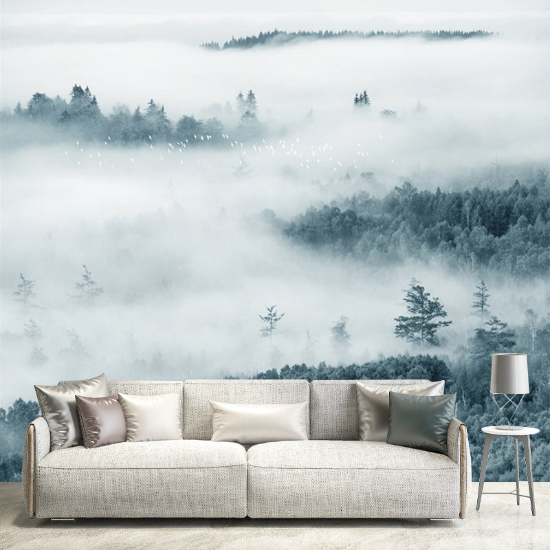 Misty Mountain Overlook Mural Wallpaper Grey and Green Contemporary Wall Decor for Bedroom
