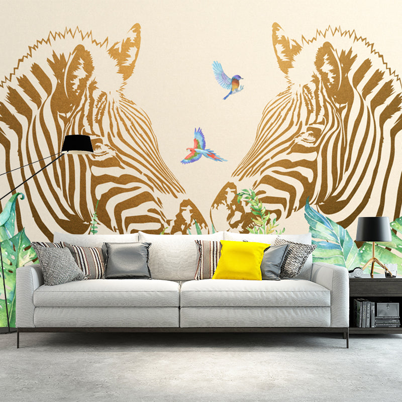 Modern Twin Zebras Murals Wallpaper Yellow-Green Waterproof Wall Art for Bedroom