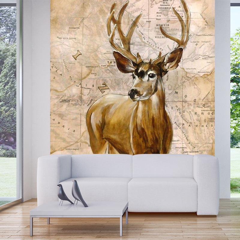 Scandinavian World Map Stag Mural Decal Brown Bedroom Wall Covering, Custom Size