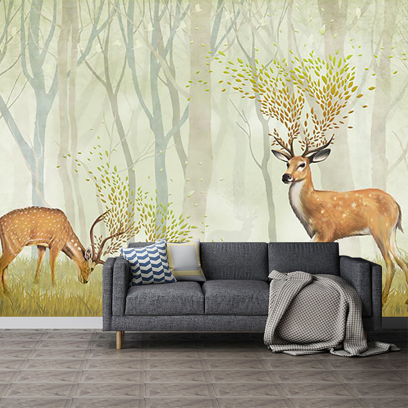 Deer in Misty Forest Mural Nordic Stain Resistant Living Room Wall Decor, Custom-Printed