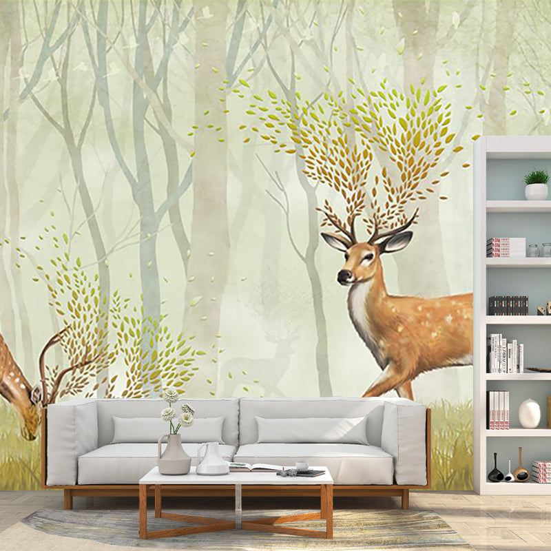 Deer in Misty Forest Mural Nordic Stain Resistant Living Room Wall Decor, Custom-Printed
