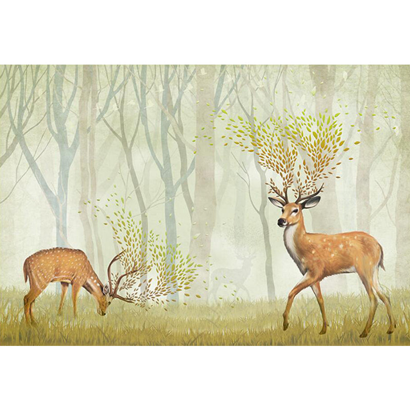 Deer in Misty Forest Mural Nordic Stain Resistant Living Room Wall Decor, Custom-Printed