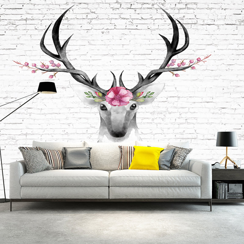 Deer Head and Brick Mural Wallpaper Grey and Pink Art Deco Wall Covering for Bedroom