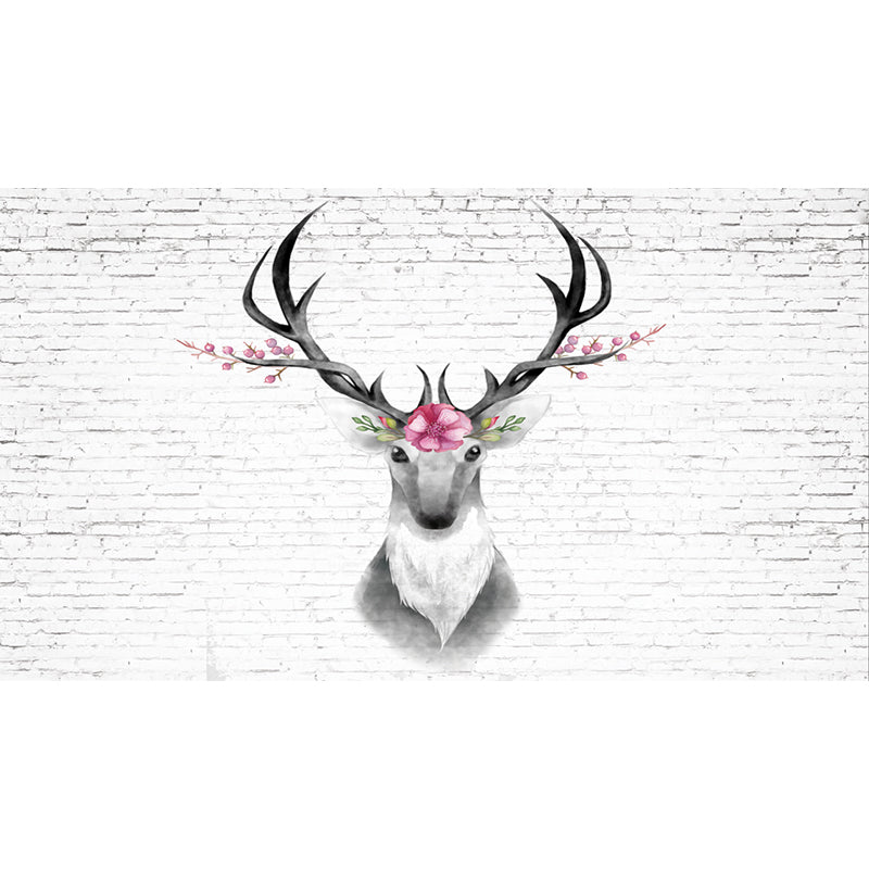 Deer Head and Brick Mural Wallpaper Grey and Pink Art Deco Wall Covering for Bedroom