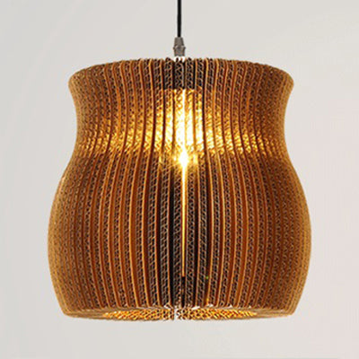 Woven Shade Hanging Lighting Asian Style Corrugated Paper 1 Bulb Restaurant Pendant Lamp in Beige/Brown