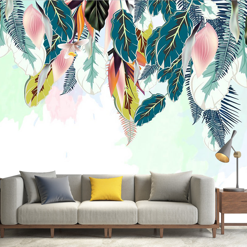 Plant Leaf Petals Mural Tropical Smooth Surface Wall Covering in Pink-Green, Non-Woven