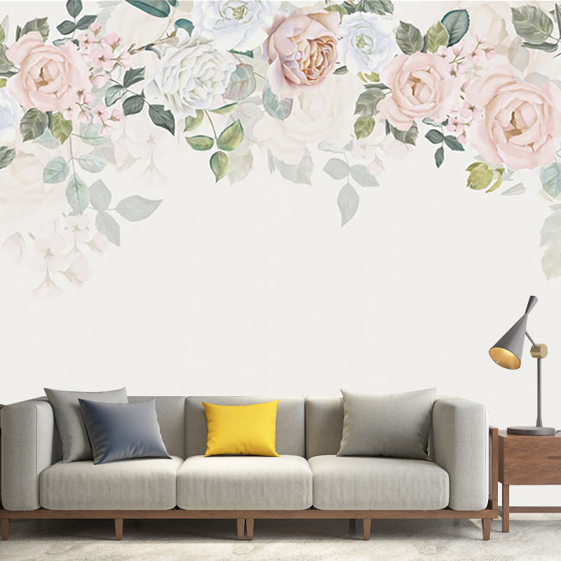 Beige Peony-Edge Mural Decal Stain Resistant Modernist Bedroom Wall Decoration, Non-Woven