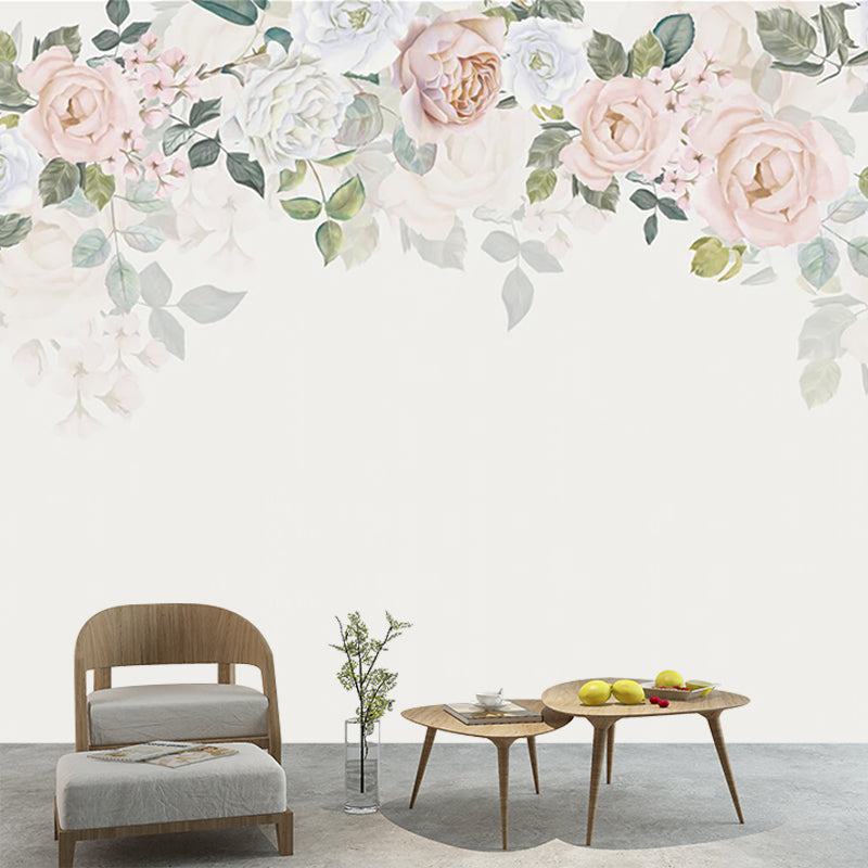 Beige Peony-Edge Mural Decal Stain Resistant Modernist Bedroom Wall Decoration, Non-Woven