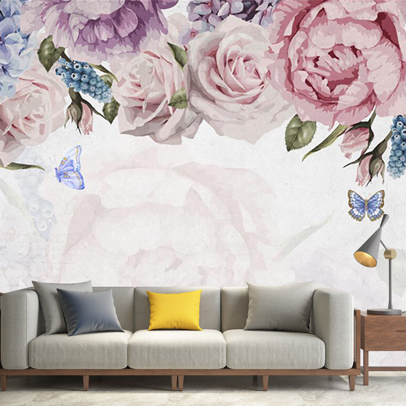 Flower Print Blooming Peony Mural Modern Smooth Wall Covering in Pink-Blue
