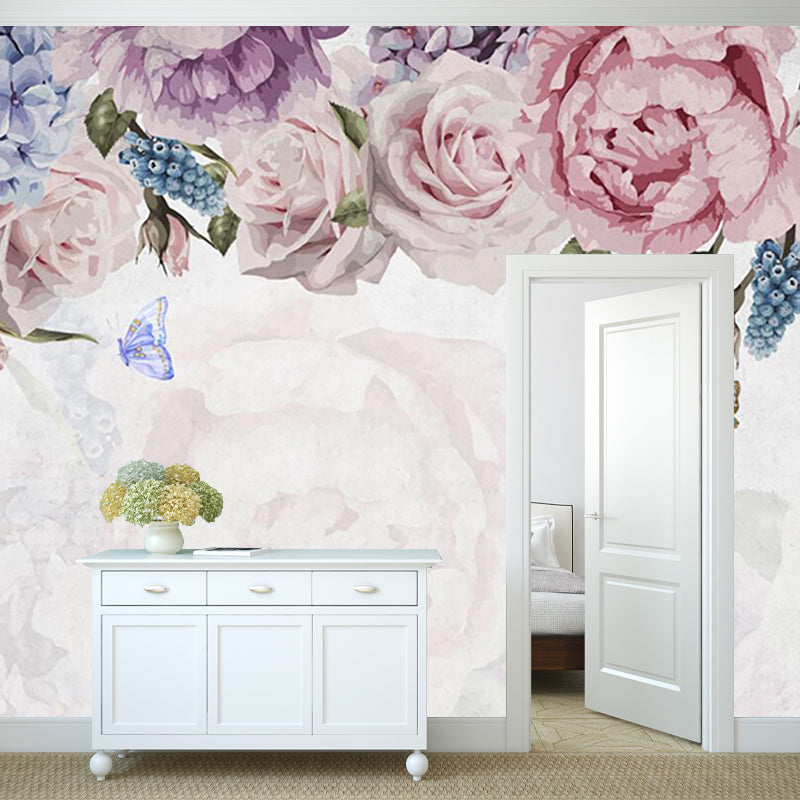 Flower Print Blooming Peony Mural Modern Smooth Wall Covering in Pink-Blue