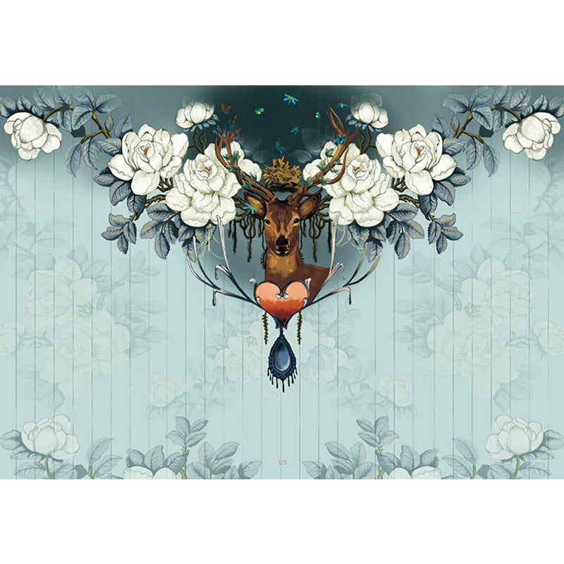 Peony Print Deer Wallpaper Murals Contemporary Smooth Wall Art in Grey and Green