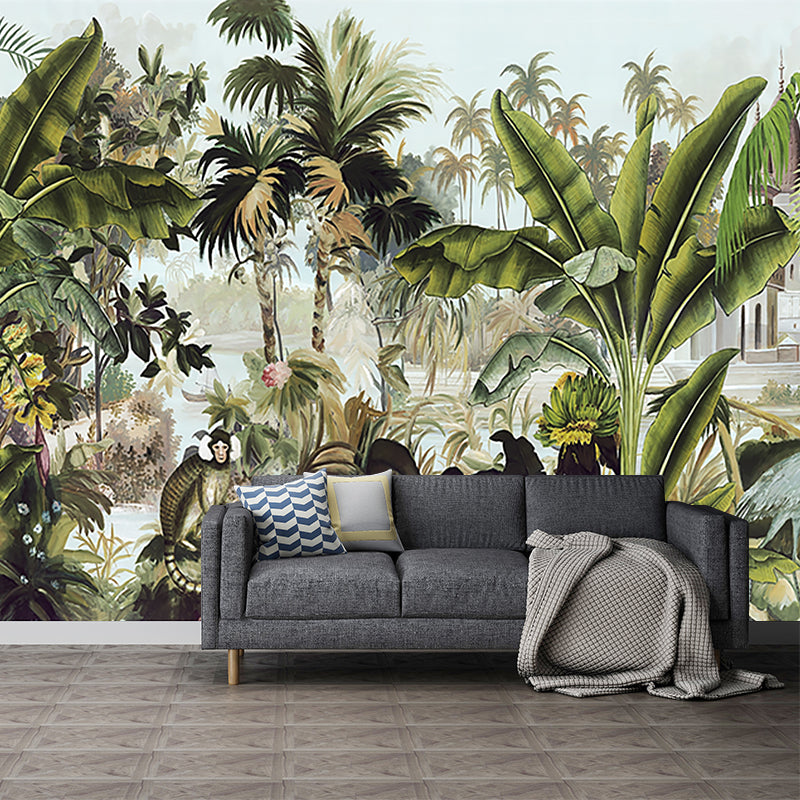 Tropical Plant Manor Wall Mural Green Stain Resistant Wall Covering for Living Room