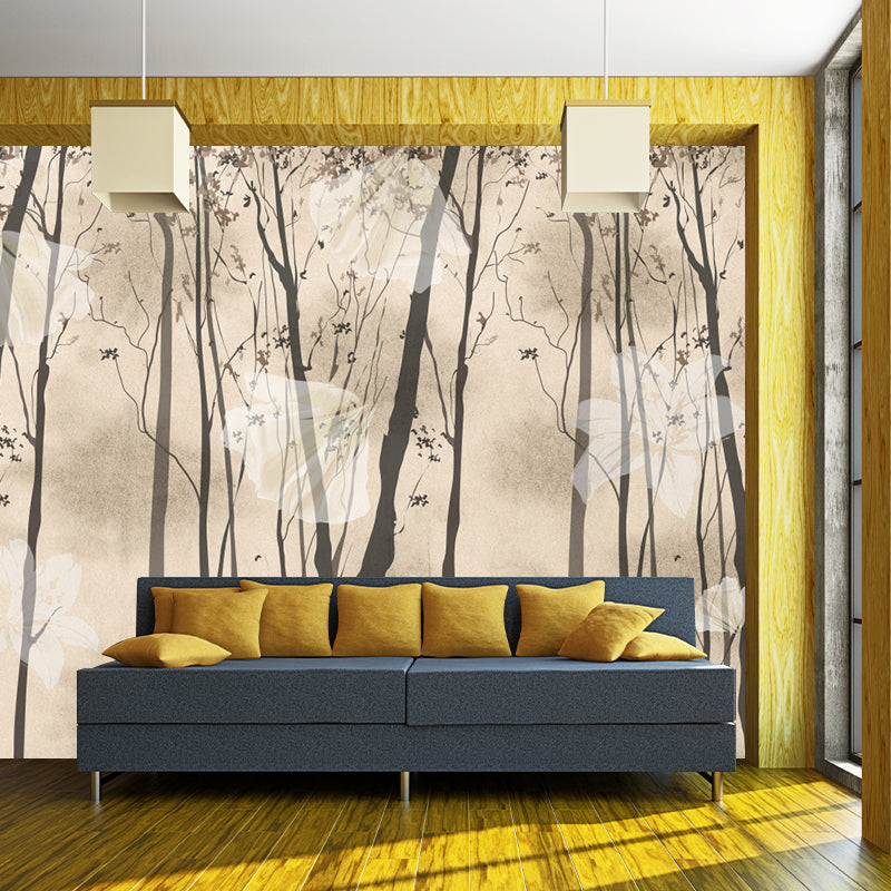 Floral Print Forest Wall Murals Contemporary Non-Woven Wall Art in Black and Yellow