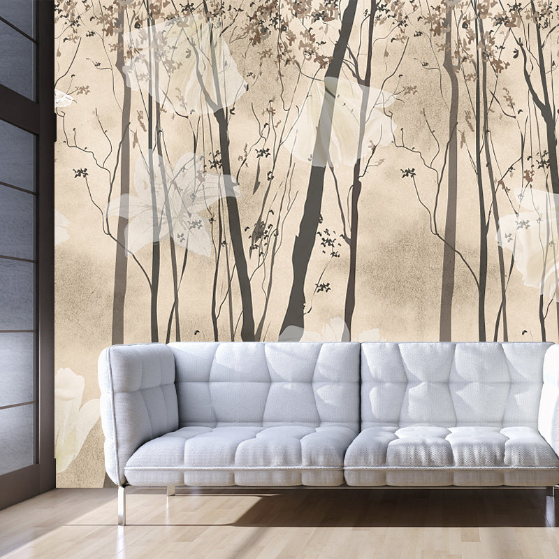 Floral Print Forest Wall Murals Contemporary Non-Woven Wall Art in Black and Yellow