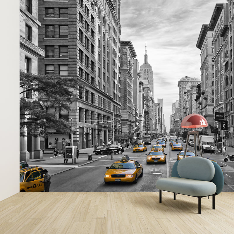 City Street View Wall Mural Decal Modernist Non-Woven Wall Art in Black and White