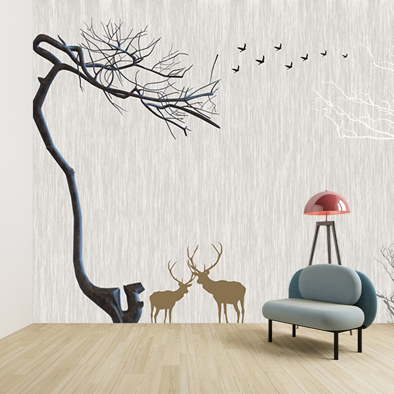 Whole Nordic Style Mural Wallpaper Grey Deer and Naked Trees Wall Covering, Personalized Size