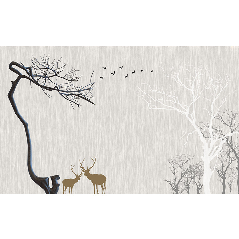 Whole Nordic Style Mural Wallpaper Grey Deer and Naked Trees Wall Covering, Personalized Size