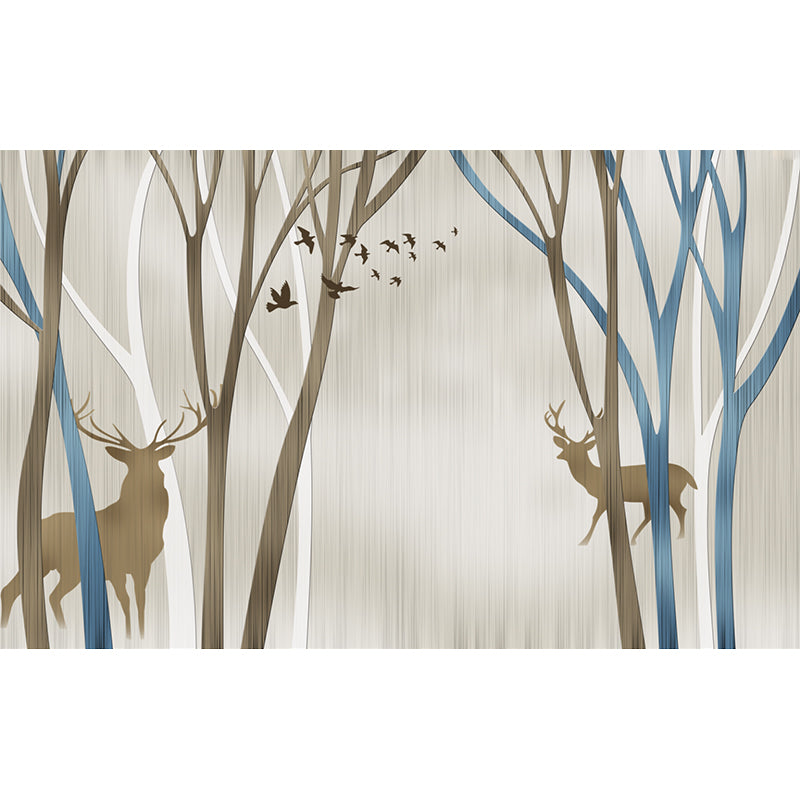 Personalized Illustration Nordic Murals with Silhouette Deer in Leafless Trees Pattern in Blue-Brown