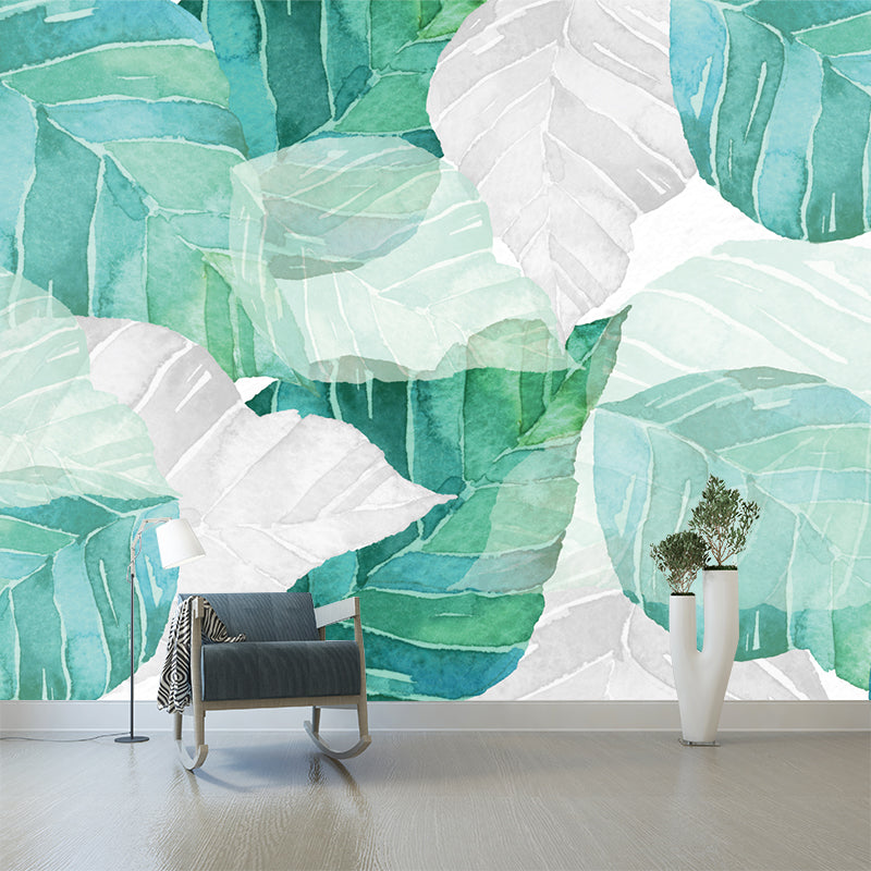 Modern Shattered Leaf Mural Wallpaper for Living Room Custom Wall Decor in Green-White
