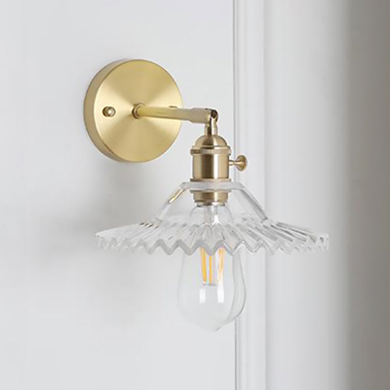 1 Light Clear Glass Wall Sconce Light Industrial Brass Scalloped Living Room Lighting Fixture