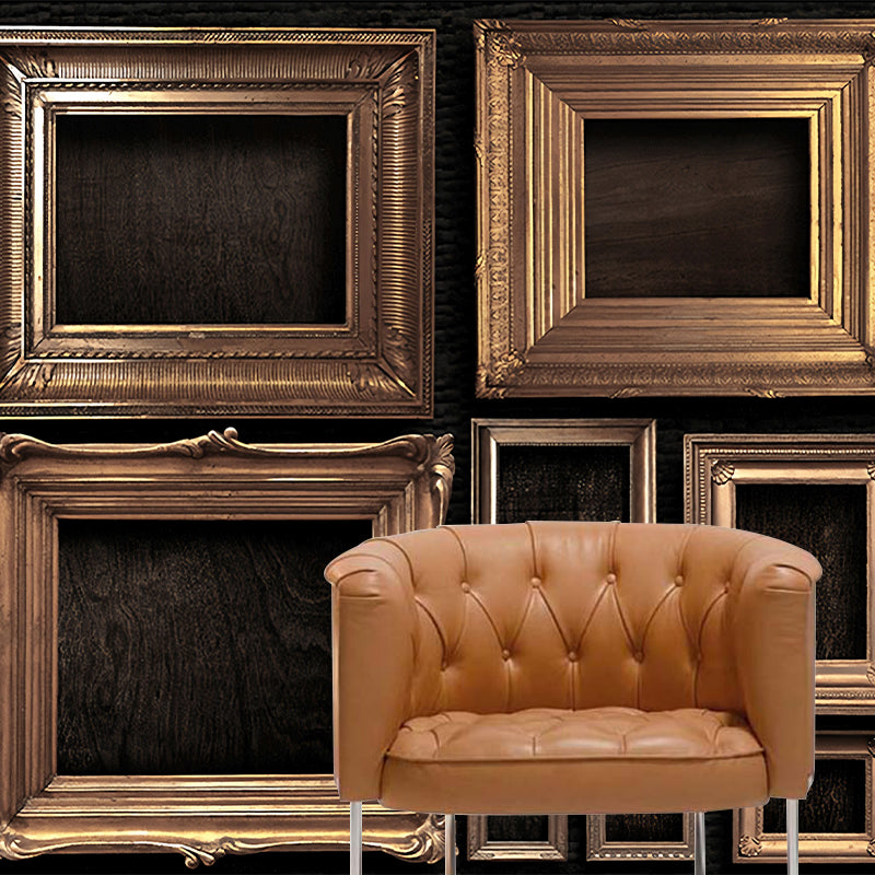Retro Style Photo Frame Murals Wallpaper for Living Room Whole Wall Decor in Grey-Gold