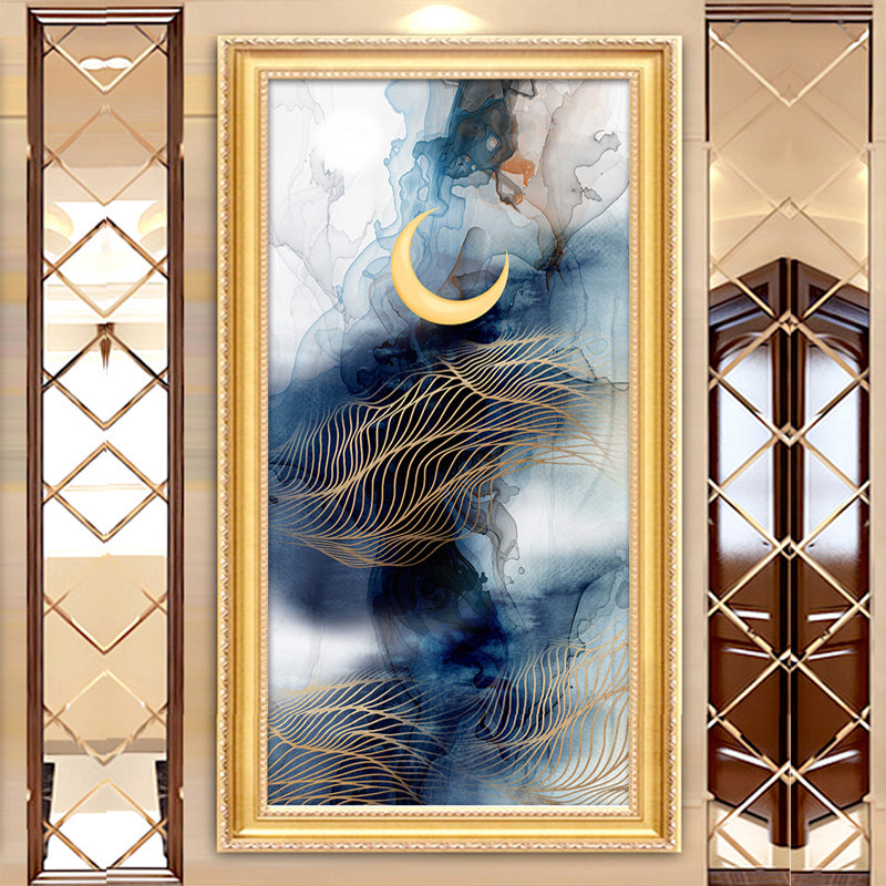 Abstract Moon-Mountain Painting Murals Contemporary Non-Woven Cloth Wall Art in Blue-Yellow