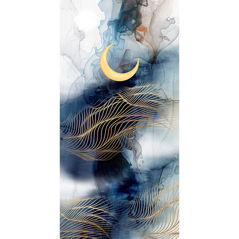 Abstract Moon-Mountain Painting Murals Contemporary Non-Woven Cloth Wall Art in Blue-Yellow