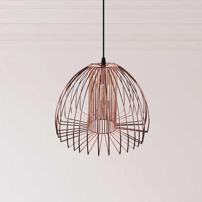 Industrial Wire Frame Ceiling Pendant Light 1 Bulb Metallic Hanging Light with Dome Shade in Black/Copper for Living Room