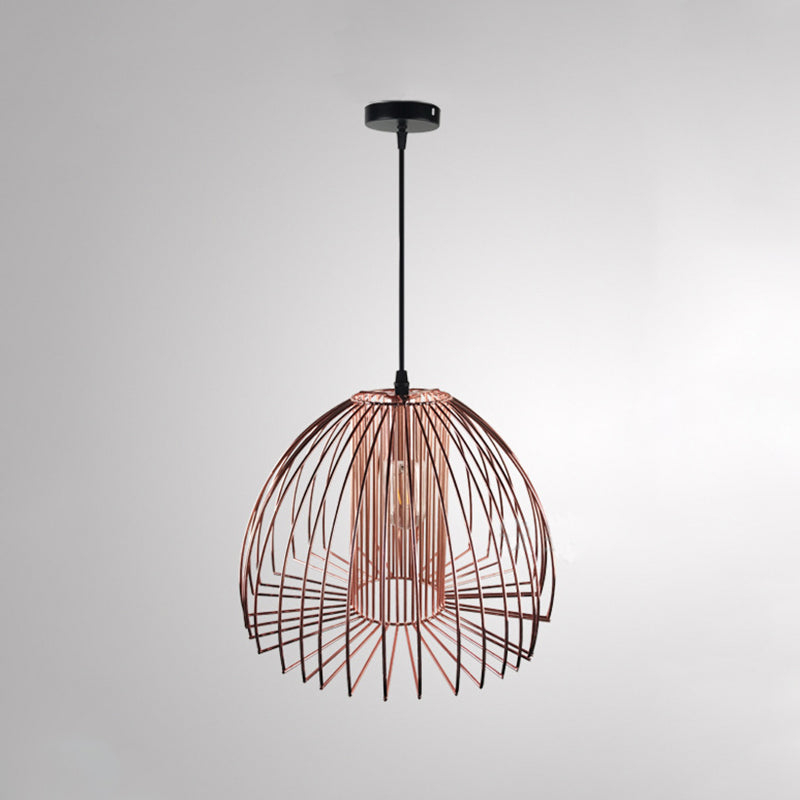 Industrial Wire Frame Ceiling Pendant Light 1 Bulb Metallic Hanging Light with Dome Shade in Black/Copper for Living Room