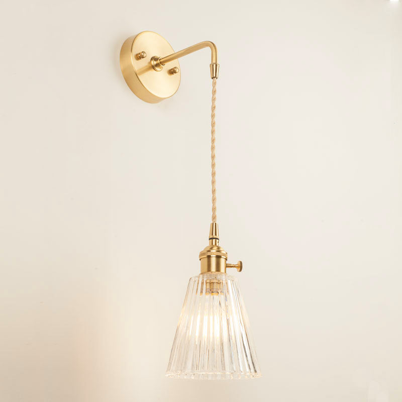 One Bulb Wall Light with Cone Shade Clear Textured Glass Industrial Bedroom Sconce Lighting Fixture