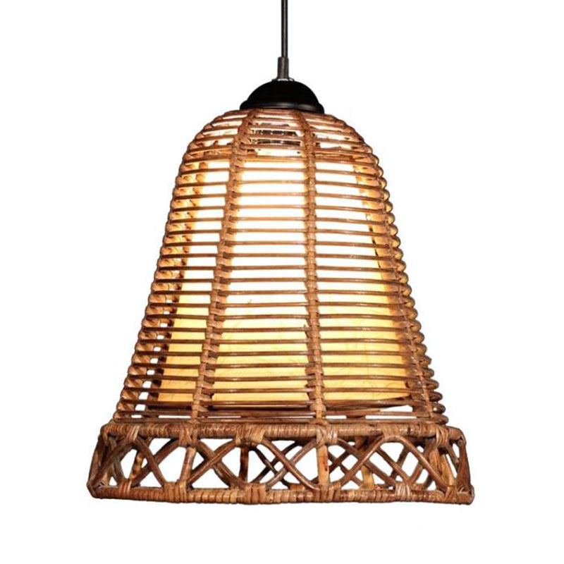 Rattan Bellform hängende hängende rustikale Stil 1 Kopf Beige Drop Light für Wohnzimmer Restaurant