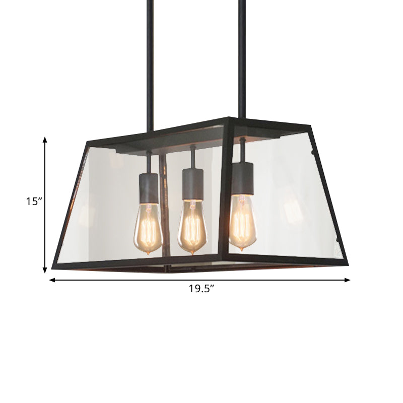3-Bulb Clear Glass Hanging Light Kit Industrial Black Trapezoid Kitchen Island Lighting Fixture