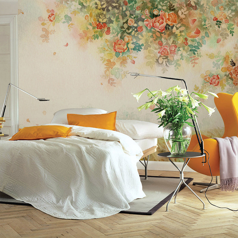 Nordic Girls Wallpaper Murals with Peony Tree and Grassland Pattern Pink-Yellow-Green Wall Art