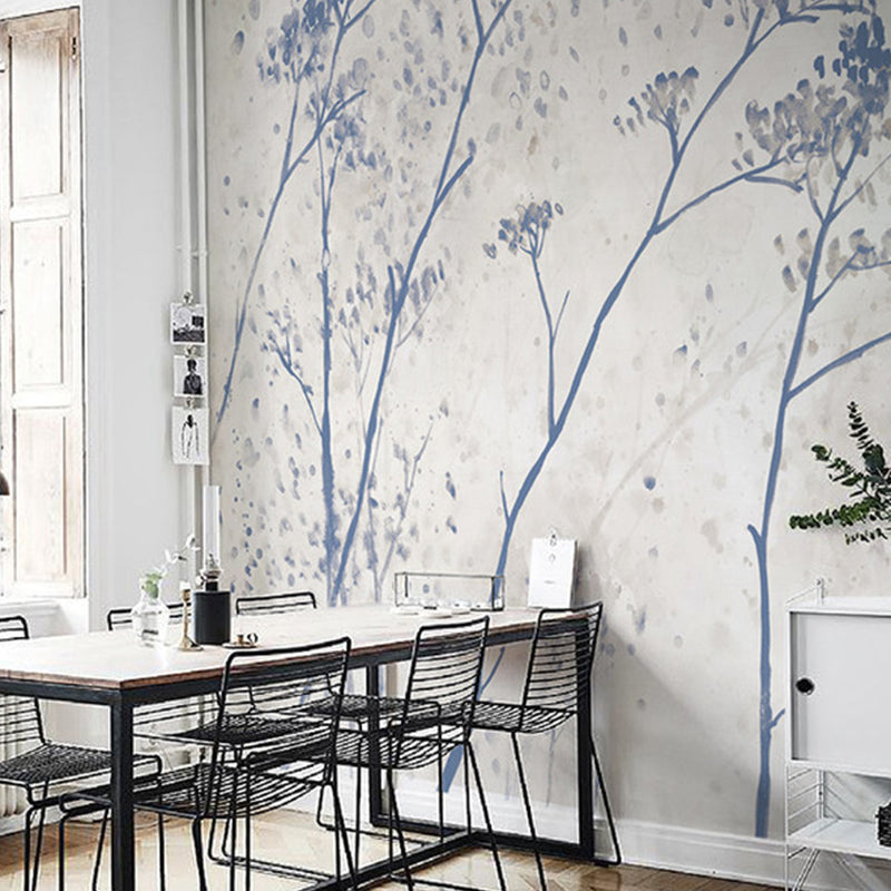 Blue Branchlet Wall Covering Murals Moisture Resistant Wall Decor for Dining Room